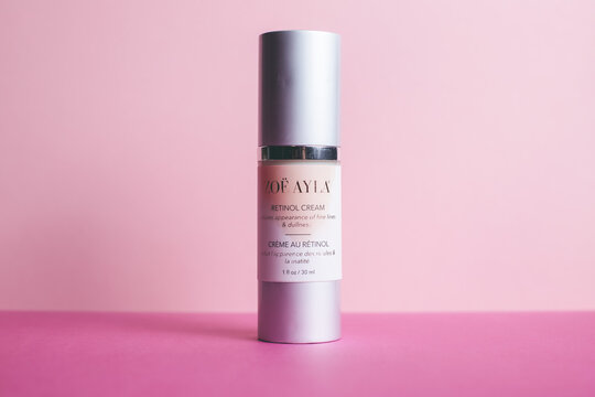 06.06.2025, Żory, Poland &ndash; Zo&euml; Ayla retinol cream displayed on a minimal skincare background during a product presentation highlighting beauty and cosmetic trends