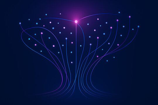 Abstract visualization tree with glowing nodes symbolizing futuristic computing networks and global data streams of artificial intelligence