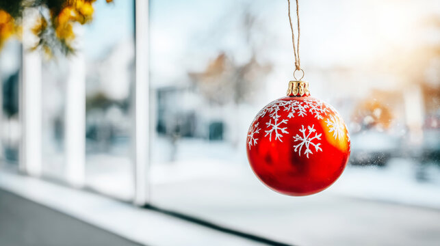 Hanging Christmas ball ornament with snowflake pattern, illuminating holiday season during winter - Powered by Adobe