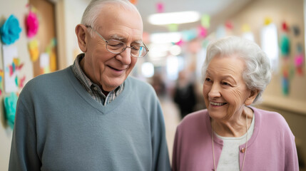 Senior couple walking in decorated hallway, smiling, interacting, happy mood, enjoying time together in nursing home