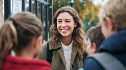 Teacher greeting students warmly at school gate, smiling woman welcoming young pupils, positive campus interaction
