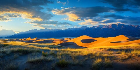 Dramatic sunset illuminates golden sand dunes and rugged mountain range under a stormy sky with vibrant clouds