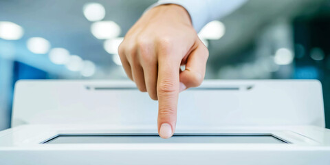 User finger pressing touchscreen on a white office equipment kiosk, interacting with modern digital technology