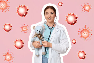 Young happy female pediatrician with stethoscope examining teddy bear toy on pink background