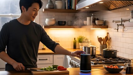 Asian Man Skillfully Prepares a Healthy Meal While Interacting with a Smart Speaker in His Modern Cinematic Kitchen, Showcasing Connected Home Life and Productivity.