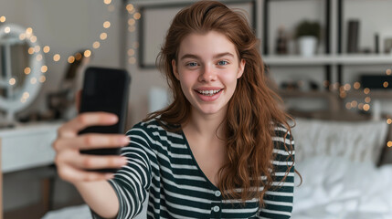 Young woman vlogging makeup tutorial on smartphone in bedroom, creating beauty content for social media