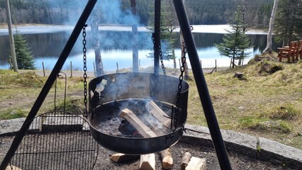 Relaxing fireside moment by a serene lake surrounded by lush trees on a sunny day
