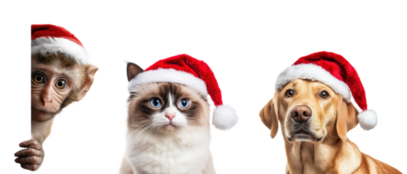Set of Christmas and New Year animals - monkey, cat and dog wearing red Santa Claus hats, png isolated on transparent background. - Powered by Adobe