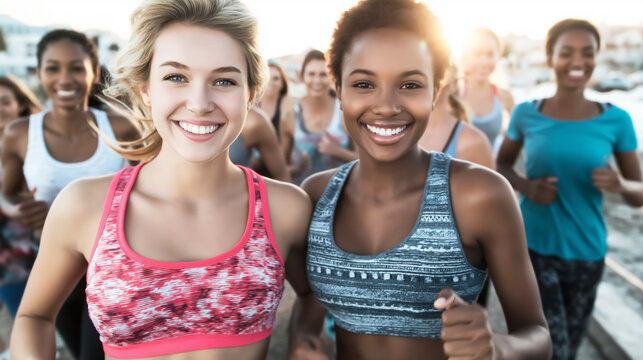 Happy women running together in an outdoor event, focusing on healthy lifestyle, teamwork, and community support in activewear