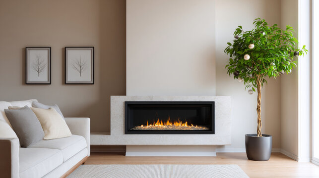 A living room with a fireplace, sofa and potted plant in it