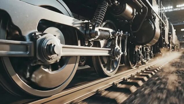 Close-up of a fast-moving steam train's wheels on a railway track. Powerful industrial locomotive in motion. 3D animation of transportation and technology