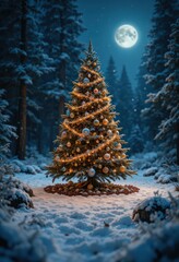 An enchanting outdoor Christmas tree, richly adorned with warm golden lights and festive blue and gold ornaments, stands brightly in a snow-covered winter forest beneath a striking full moon 
