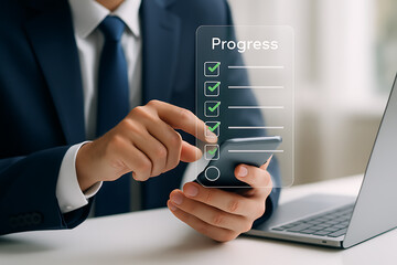 Futuristic digital checklist hologram connected with smartphone and laptop representing work progress completion and mobile management service for professionals