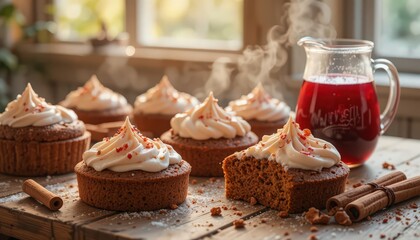 Rustic homemade spice cakes, topped with white cream cheese frosting, are served on a wooden table with cinnamon sticks and a steaming glass pitcher of deep red liquid.