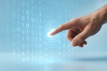Futuristic digital interface with human hand touching binary data matrix symbolizing technology information and innovation in cyberspace