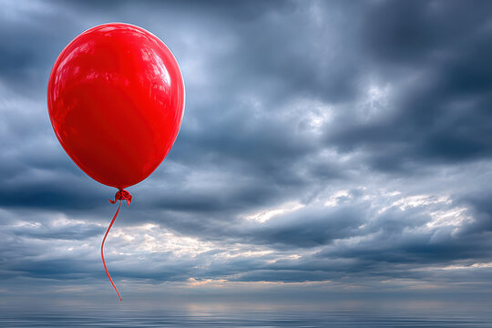 Red balloon floats above calm water under dramatic cloudy sky at dusk