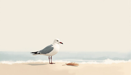 Calming minimal scene of a seagull standing on pale sand beside a single curled feather, soft open sky and quiet mood for mindfulness posters and inspirational cards