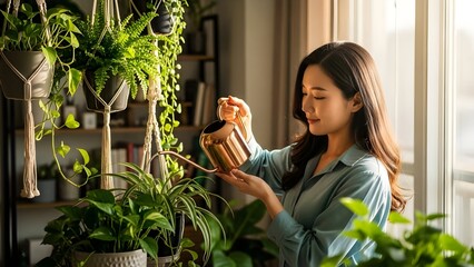 Obraz premium Serene Asian Woman Watering Lush Indoor Plants with Cinematic Light, Embodying Home-Life Mastery and Modern Productive Lifestyle Through DIY Plant Care for Well-being.