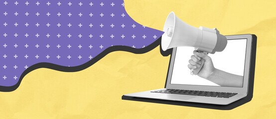 Hand with megaphone popping out of laptop screen on color background