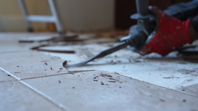 Removal of ceramic floor tiles using a power tool during a home renovation project. Close-up view of broken tiles, dust, and debris on the floor