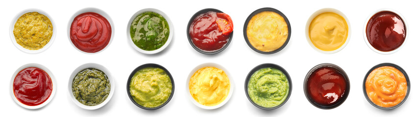 Set of many different sauces on white background, top view