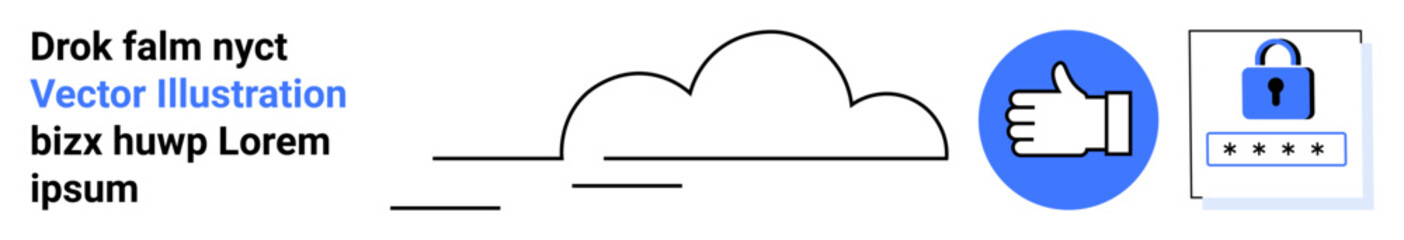 Cloud security, data protection, online authentication, digital approval, cybersecurity, technology concepts. Vector art of a lock, thumbs-up icon and cloud graphic. Cloud security and data