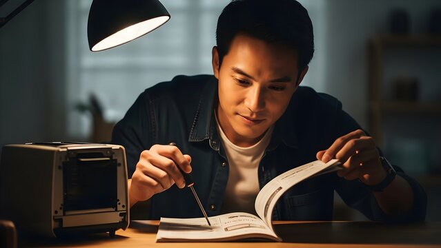 Diligent Asian Man Focuses on DIY Project at Home, Reading Manual with Screwdriver Under Warm Cinematic Lighting for Modern Lifestyle Productivity and Household Repair