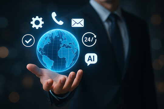 Modern AI hand holding holographic globe surrounded by communication icons technology network and business innovation symbols
