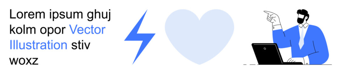 Business communication, technology, design concepts, online learning, inspiration, professional work. Heart and lightning symbol alongside a businessman pointing. Business communication