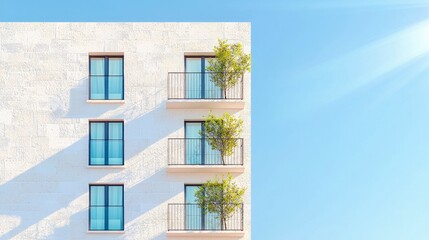 Exterior shot of a modern apartment building with balconies, trees, and blue sky. The image is taken on a sunny day.