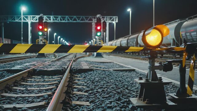Nighttime railway scene with illuminated signals and crossing barriers, camera pans across tracks highlighting safety features and ambiance