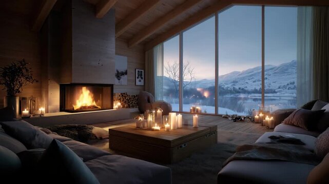 Warm living room interior in winter with Scandinavian design, featuring a glowing fireplace, cozy sofa, decorative candles and large window revealing snowy landscape outside