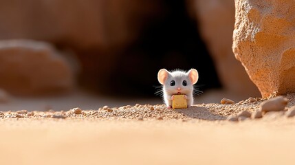 A cute mouse is holding a piece of cheese in a desert environment, with a sunny day and warm lighting.