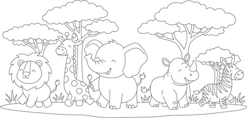 Happy Safari Friends Adorable Outline Drawing of a Lion, Elephant, Giraffe, Rhino, and Zebra in the Savannah