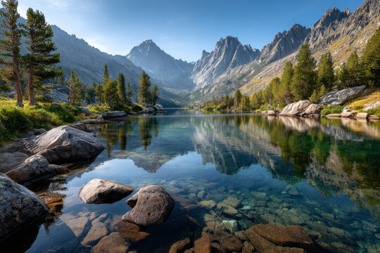 Crystal clear alpine lake reflecting majestic peaks