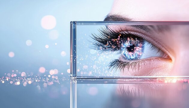 Close-up of a woman's eye with digital particles inside, viewed through a glass cube, set against a soft, blurred background. The image evokes futuristic techno