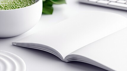 An open book lies on a white table, accompanied by a cup of matcha and a keyboard, creating a minimalist and clean aesthetic.