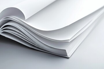 Close-up of an open book with pages fanned out, showing the texture of the paper and the curve of the pages. The book is on a gray surface with studio lighting.