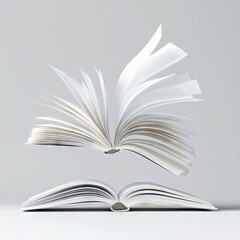 Two open books with pages in mid-air against a neutral background. One book is resting on a surface while the other is floating above it.