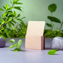 A cardboard box with an open blank card, surrounded by green leaves, rocks, and plants, creating a natural and minimalist composition.