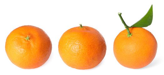 Fresh tangerines isolated on white, set. Citrus fruit