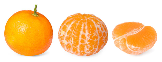 Fresh tangerines isolated on white, set. Citrus fruit