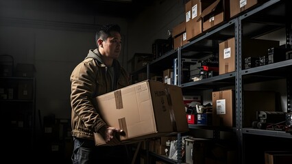 Focused Asian man carrying a large cardboard box in a dimly lit, organized home storage room or garage, embodying diligent home-life mastery and efficient productivity .