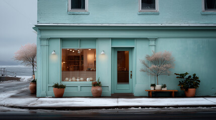 Winter facade of a small local shop with pastel mint walls warm interior light pottery display and frosty plants concept of small business retail design branding