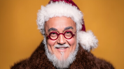 Smiling Santa portrait with red glasses on warm festive background for holiday marketing concept of christmas advertising branding
