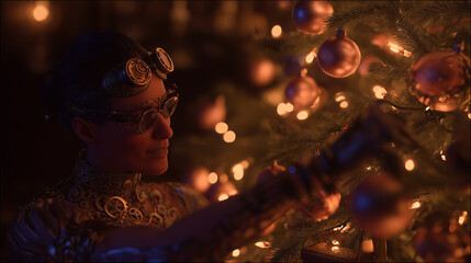 A steampunk woman in ornate goggles decorates a glowing christmas tree with copper ornaments in warm cinematic light showing festive winter mood and christmas concept