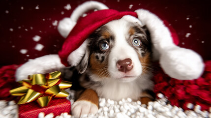 Christmas puppy in santa hat near gift box on red snow background concept of winter holidays vintage decor style