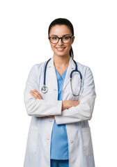 Fototapeta premium A smiling female medical professional wearing a white lab coat and stethoscope with her arms crossed isolated on transparent background