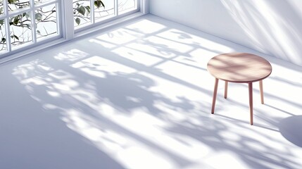 A wooden table stands in an empty, sunlit room next to a window. The sunlight casts shadows from leaves onto the floor and walls.