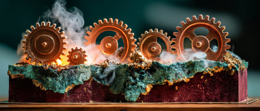 A cake with gears and smoke on top, representing a steampunk theme